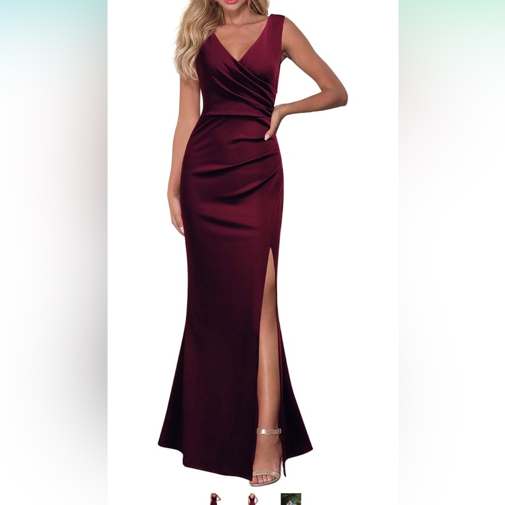 Long v-neck evening dress, Burgundy size small